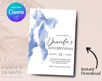 Blue Bow 16th Birthday Invitation, Minimalist Blue 16th Birthday Invite, Sweet Sixteen Invite Canva Template, Digital Download