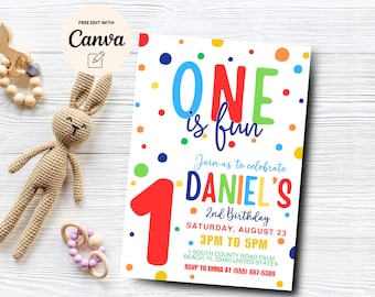One is Fun 1e verjaardagsuitnodiging, confetti 1e verjaardag uitnodigen, kleurrijke uitnodiging voor 1e verjaardagsfeestje, canva bewerkbaar, digitale download