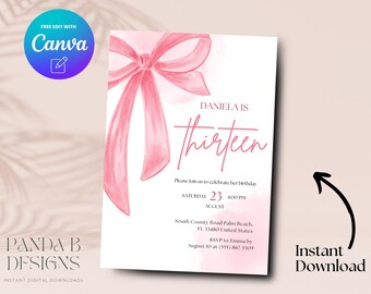 Pink Bow 13th Birthday Invitation, Coquette Minimalist Girl 13th Birthday Invite, Pink Birthday Invite Canva Template, Digital Download
