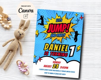 Invito per il settimo compleanno di Jump, invito per la festa del settimo compleanno con trampolino, compleanno a tema fumetto, modello Canva, download digitale