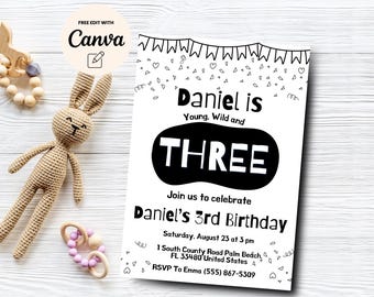 Doodle 3rd birthday invitation, Young Wild and Three Minimalist 3rd Birthday Doodle Invitation, 3rd bday, Canva Template, Digital Download