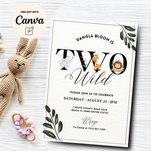 Two Wild Birthday Invitation, Safari 2nd Birthday Invite Jungle Animal Boy Second Birthday Invitation, Digital Download