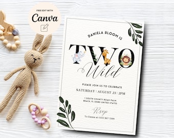 Two Wild Birthday Invitation, Safari 2nd Birthday Invite Jungle Animal Boy Second Birthday Invitation, Digital Download