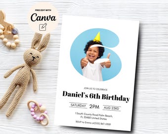 Invitación con foto para sexto cumpleaños, fiesta minimalista de sexto cumpleaños, plantilla de invitación con foto para sexto cumpleaños, plantilla Canva, descarga digital