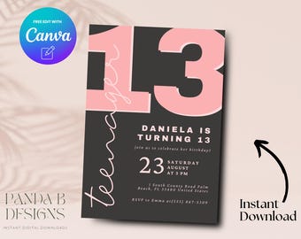 Pink 13th Birthday Invitation, Minimalist 13th Birthday Invite, Pink Birthday Invite, Teenager Birthday Canva Template, Digital Download