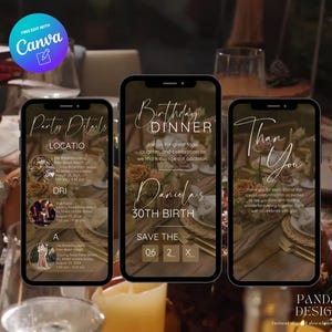 Aesthetic Digital Birthday Dinner invitation, Birthday Digital Birthday Video Invite, Brown Dinner Birthday Canva Template, Digital Download