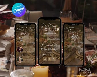 Aesthetic Digital Birthday Dinner invitation, Birthday Digital Birthday Video Invite, Brown Dinner Birthday Canva Template, Digital Download