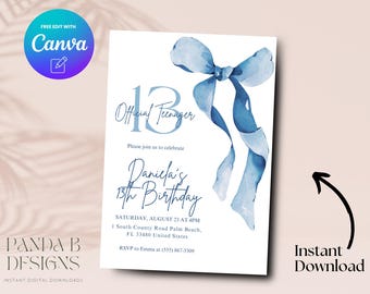Blue Bow 13th Birthday Invitation, Minimalist Blue 13th Birthday Invite, Official Teenager Invite Canva Template, Digital Download
