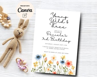 Wildflower 3rd Birthday Party Invite Template, Young Wild and Three 3rd Birthday Party Invitation, Canva Template, Digital Download