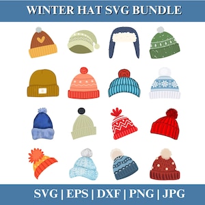 May include: A collection of colorful winter hats in various styles, including beanies, trapper hats, and hats with pom-poms. The hats are in shades of brown, green, blue, red, and orange. Text at the top reads "WINTER HAT SVG BUNDLE".
