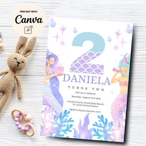 Mermaid 2nd Birthday Invitation, Under the Sea Birthday Invitation Girl, Purple Teal Mermaid Birthday, Canva Template, Digital Download