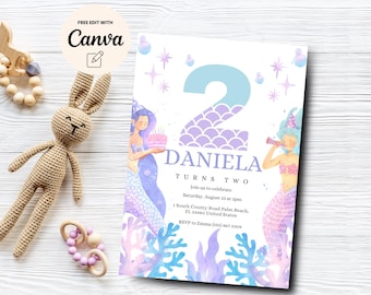 Mermaid 2nd Birthday Invitation, Under the Sea Birthday Invitation Girl, Purple Teal Mermaid Birthday, Canva Template, Digital Download