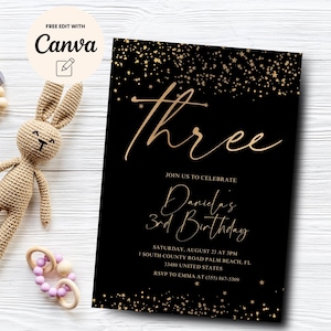 Gold 3rd Birthday Invitation, Gold Glitter Birthday Party Invite, Three Third Birthday Gold Invite, Canva Template, Digital Download