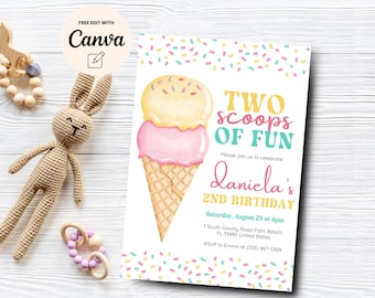 May include: A colorful ice cream cone birthday invitation with sprinkles. The invitation says "Two Scoops of Fun" and "Daniela's 2nd Birthday". The invitation includes the date, time, and location of the party.