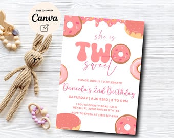 Two Sweet Donut Birthday Invitation, Editable Blush Pink Girl's 2nd Birthday, Instant Download, Canva Editable, Digital Download