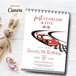 May include: A birthday invitation with a race car theme. The invitation features a red race car on a track, the text "fast, fearless & five", and details for Daniel's 5th birthday.