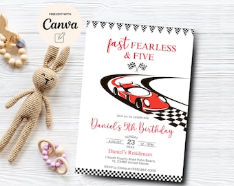 Racing 5th Birthday Invitation, Editable Racing Fast Fearless & FIVE Racing B'day Invite, Red Race Car, Canva Template, Digital Download