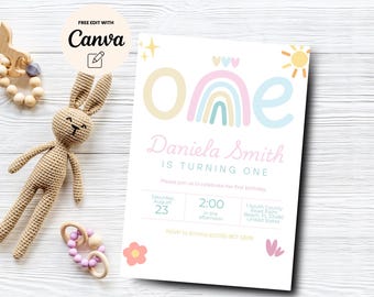 Rainbow 1st  Birthday Invitation, Pastel Rainbow 1st Birthday Invite, Girl 1st Birthday, Boho Rainbow theme,Canva Template, Digital Download