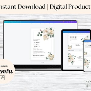 May include: A digital wedding invitation template with a white floral design. The template is customizable and can be edited in Canva. The text on the invitation reads "Alyssa and Marco".