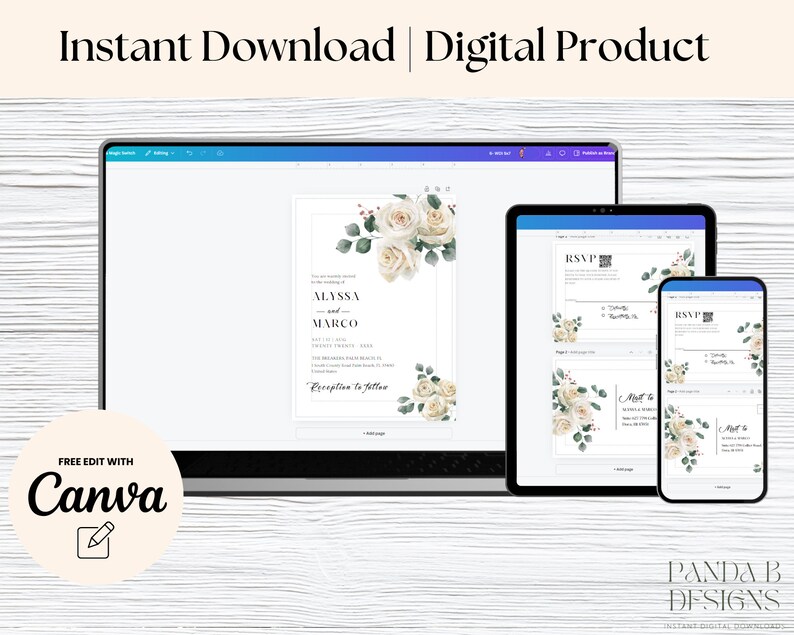 May include: A digital wedding invitation template with a white floral design. The template is customizable and can be edited in Canva. The text on the invitation reads "Alyssa and Marco".