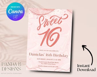 Invitación para cumpleaños número 16, invitación editable para cumpleaños número 16 en rosa, plantilla de Canva para cumpleaños número 16 en rosa, descarga digital