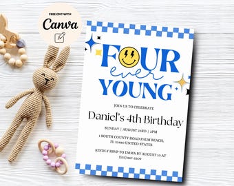 4e verjaardagsuitnodiging retro, Groovy Four Ever Young 4e verjaardag, glimlach gezicht nodigt uit, Lightning Bolt, Canva-sjabloon, digitale download