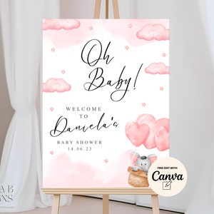 Signo de bienvenida del baby shower Tema del baby shower del elefante rosa, plantilla digital editable, descarga instantánea, edición en Canva