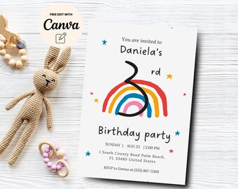 Rainbow Birthday Invitation Girls, Rainbow Party Invite, Rainbow Minimalist 3rd Birthday Invite, Canva Template, Digital Download