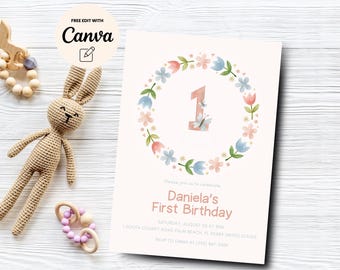 Boho 1st Birthday Floral Birthday Invitation, Girl 1st Birthday Invitation, Editable Boho Invite, Digital Download, Canva Template
