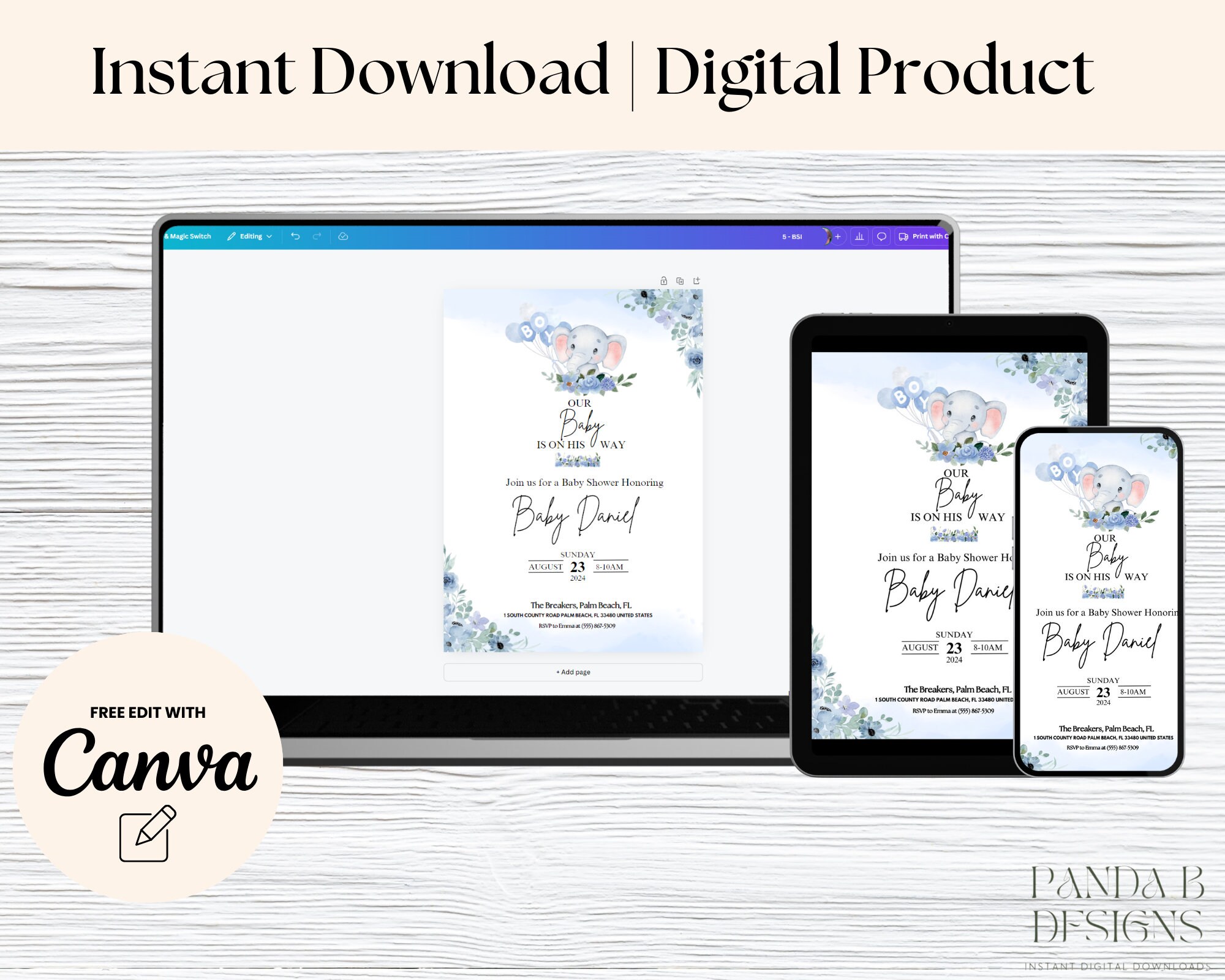 Elephant Baby Shower Theme Invitation Instant Download Canva Editable