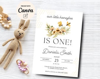 Honey Bee 1st Birthday Invite, Editable Bee First Birthday Invitation, Printable Bee 1st Birthday, Canva Editable, Digital Download