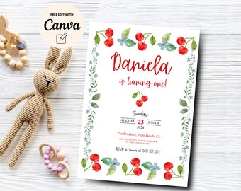 Invito per il primo compleanno di ciliegia, modello tema frutta modificabile, download istantaneo, Canva modificabile, download digitale, stampabile