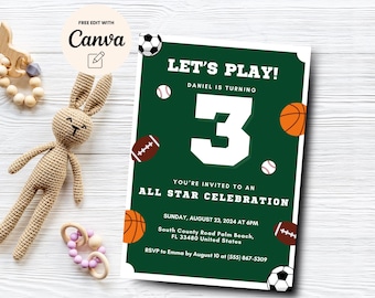 Sports Theme 3rd Birthday Invitation, Let's Have a Ball, Basketball, Football, Soccer, Boy Birthday, Canva Template, Digital Download