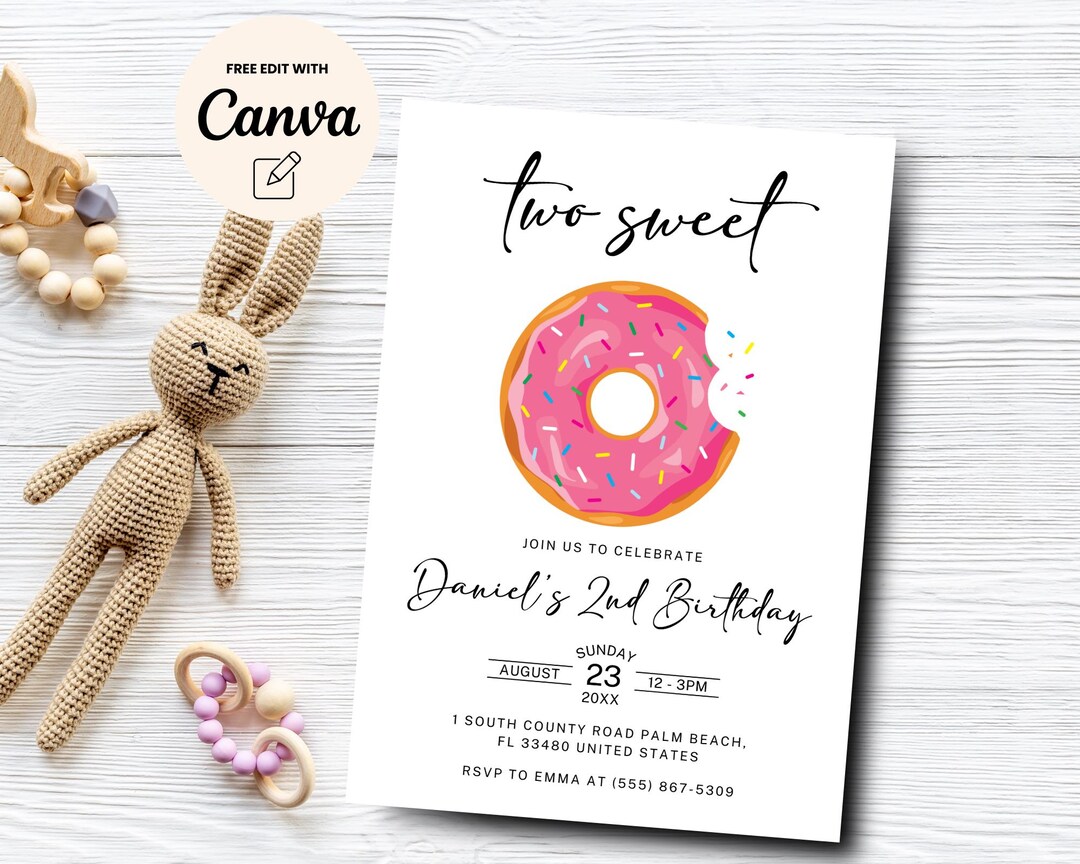 Two Sweet Donut Birthday Invitation, Editable Blush Pink Girl's 2nd ...