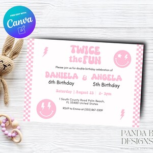Pink Groovy Double Birthday Invite, Smiley Checkered Girl Birthday Invitation Joint Smiley invite Any Age Canva Template, Instant Download