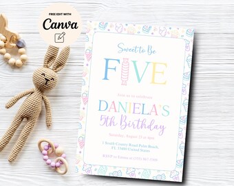 Sweet to be Five 5th Birthday Invitation, Sweets 5th Birthday Party Invite, Girl Fifth Birthday Invitation, Canva Template, Digital Download