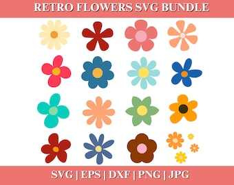 May include: A set of 16 retro flower SVG cut files in various colors, including red, blue, yellow, green, and pink. The flowers are in a simple, cartoon style.