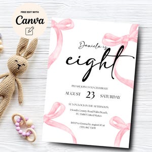 Coquette Pink 8th Birthday Invitation , Minimalist Ribbon Pink Invitation Editable Girls Invitation Bow Canva Template, Digital Download