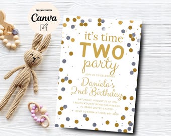 It's Time Two Party 2nd Birthday Invitation Editable Gold Confetti Birthday Invitation, Gold Birthday, Canva Template, Digital Download