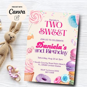 Zwei süße Geburtstagseinladung Mädchen zum 2.Geburtstag, Dessert für zwei Jahre, Mädchen zum 2.Geburtstag Canva Vorlage, digitaler Download