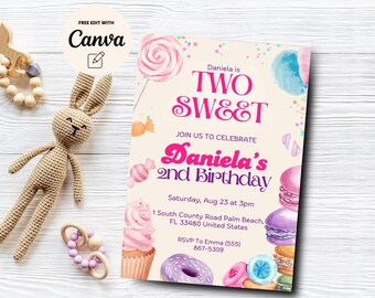 Two Sweet Birthday Invitation, 2nd Birthday Girl Invitation, Two Year Dessert Invite, Girl 2nd Birthday Canva Template, Digital Download
