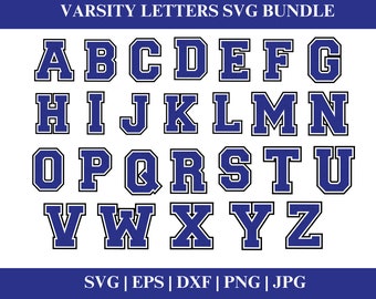 May include: A set of 26 uppercase letters in a varsity style font. The letters are blue with a black outline. The letters are arranged in three rows. The text "VARSITY LETTERS SVG BUNDLE" is at the top of the image. The text "SVG | EPS | DXF | PNG | JPG" is at the bottom of the image.