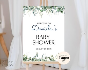 Baby Shower Welcome Sign Greenery Watercolor, Eucalyptus Welcome Sign, Greenery Baby Shower Sign, Canva Editable, Instant Download