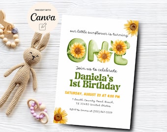 Sunflower 1st Birthday Invitation, Green Birthday Party Invite, Girl Sunflower 1st Birthday Invitation, Canva Template, Digital Download