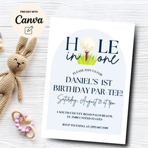 Hole In One 1st Birthday Invite, Golf First Birthday Invitation, Golf Par-Tee First Birthday Invitation, Canva Editable, Digital Download