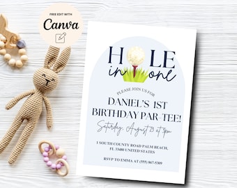 Hole In One 1st Birthday Invite, Golf First Birthday Invitation, Golf Par-Tee First Birthday Invitation, Canva Editable, Digital Download