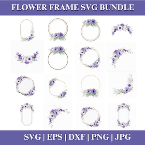 Bundle SVG cadre fleur pourpre, fleurs violettes SVG, aquarelles de fleurs, faire-part de mariage bouquets de fleurs, Silhouette de fichiers de coupe Cricut