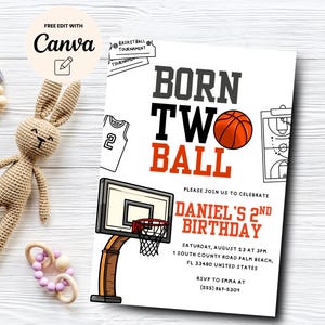 May include: A white and orange basketball-themed birthday invitation for a 2nd birthday party. The invitation says "Born Two Ball" and includes a basketball, a basketball hoop, and a jersey. The invitation includes the name "Daniel", the date "August 23", and the time "3 PM".