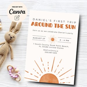 First Trip Around the Sun 1st Birthday Party Invitation, Sunshine First Birthday, 1st Birthday Invitation, Canva Editable, Digital Download