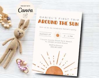 Invitation de fête d'anniversaire pour un premier voyage autour du soleil, premier anniversaire, premier anniversaire, Invitation 1er anniversaire, toile modifiable, téléchargement numérique